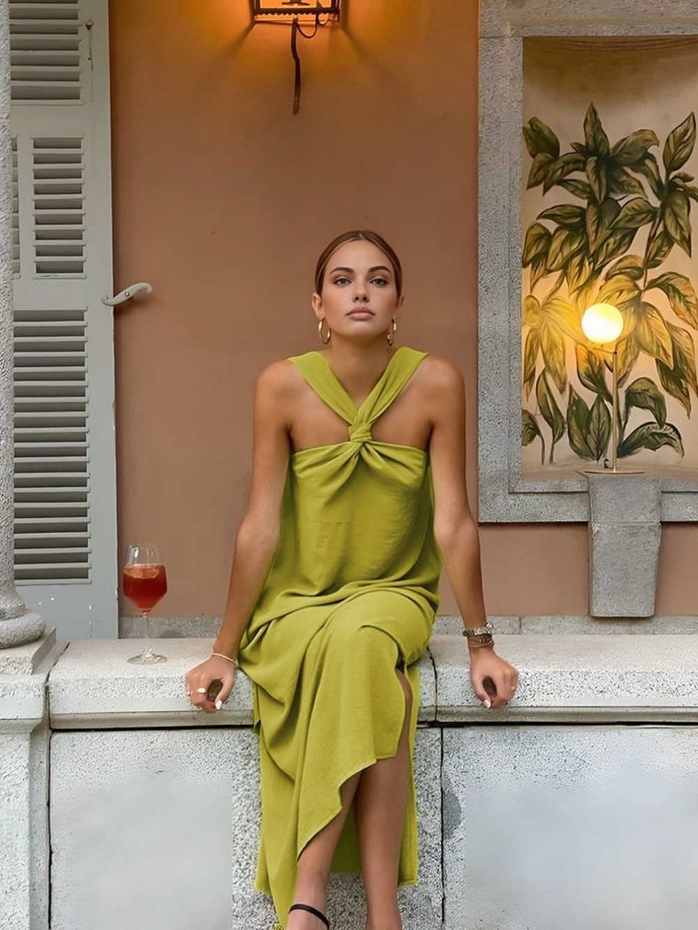 Commense Olive Knot-Halter Asymmetrical Dress